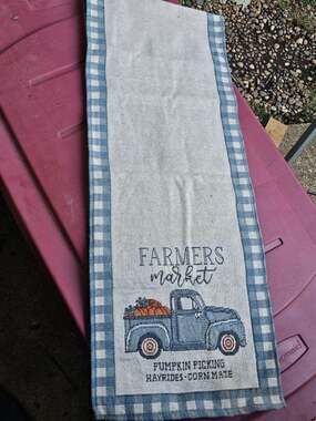 Farmers Market Fall Pumpkin Truck and Blue Check Border Table Runner